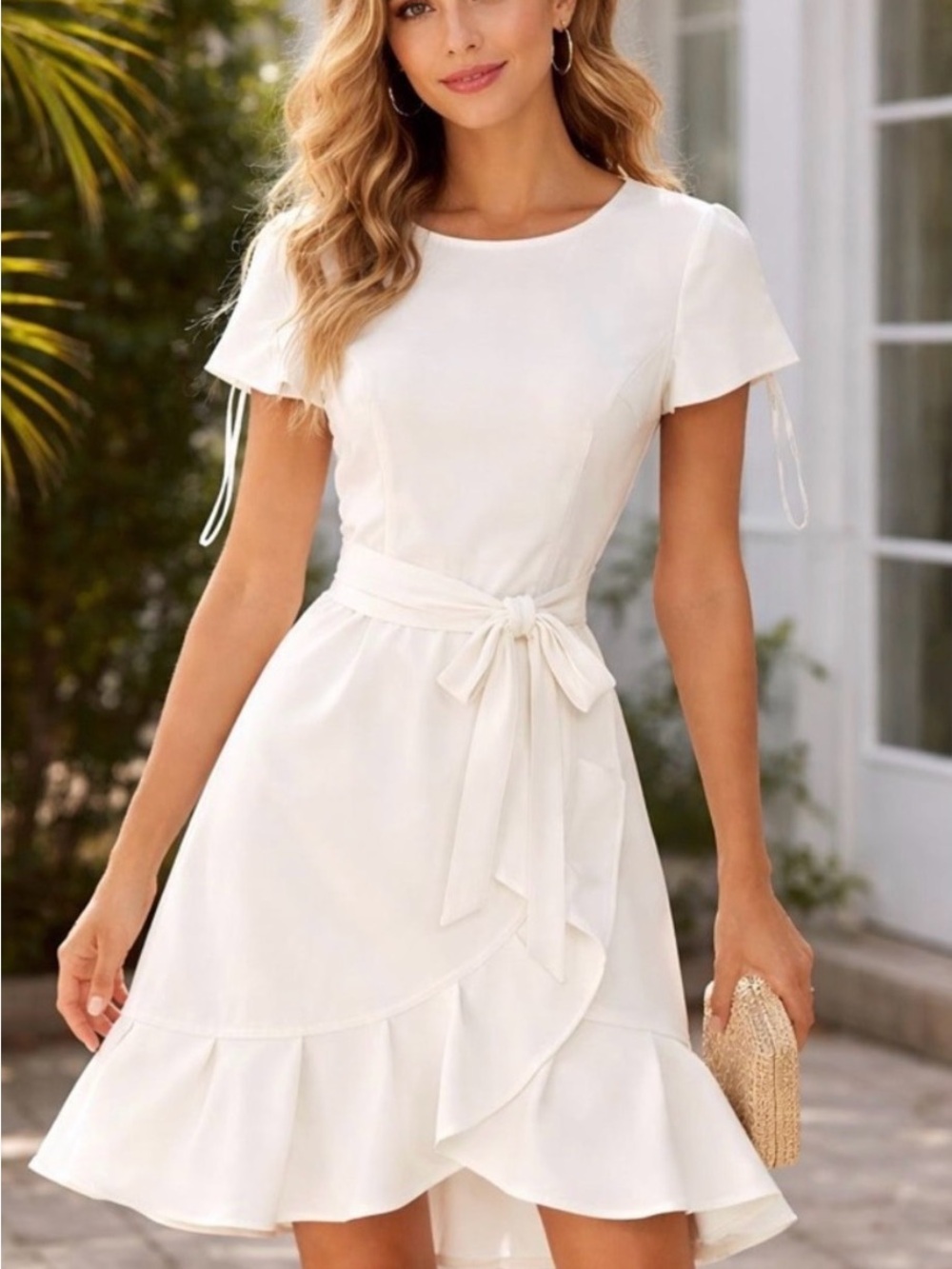Calvin Klein Women’s Size 12 Ruffle Front Dress Belted White Professional 370